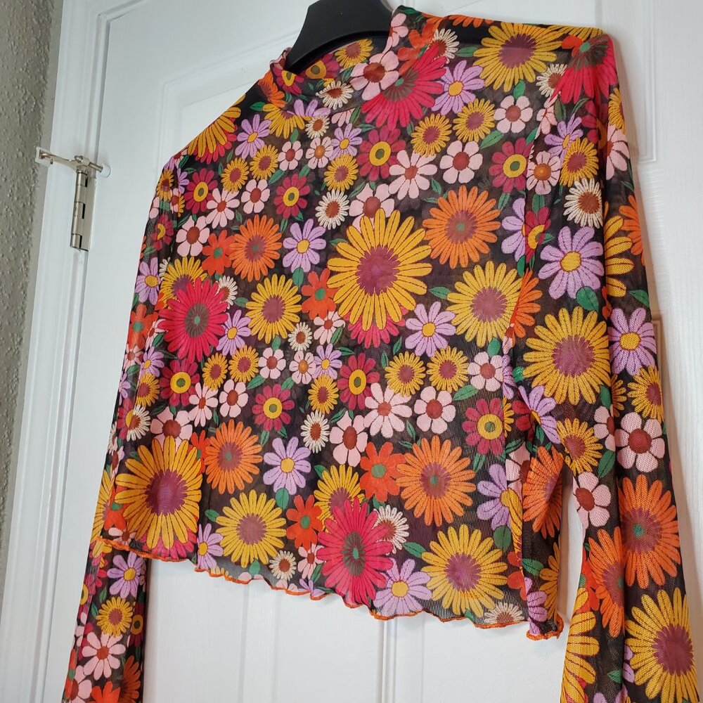 Shein Curve Floral Print Mock Neck Bell Sleeve Mesh Crop Top 2XL - Picture 2 of 5